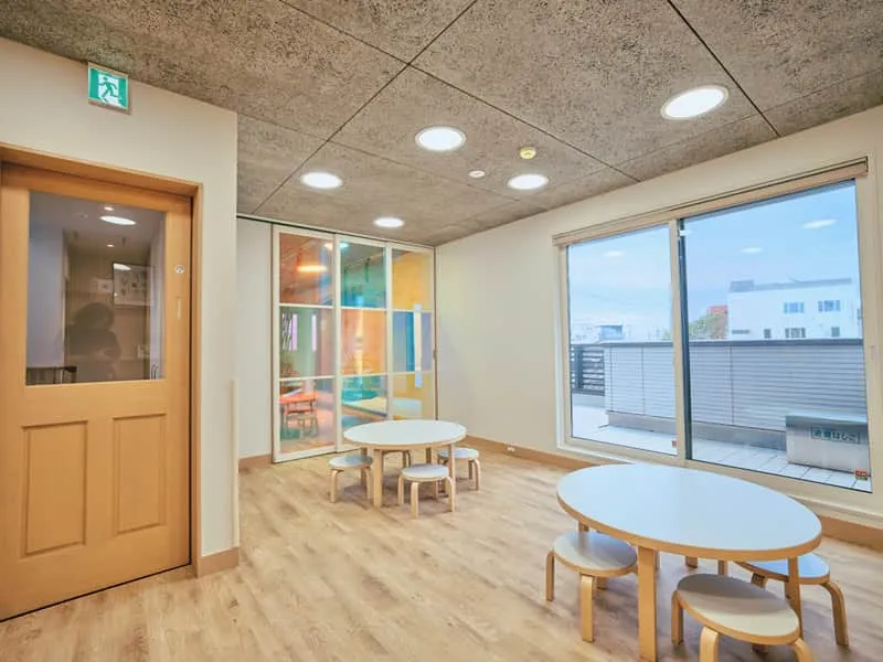 Bright classroom with balcony view