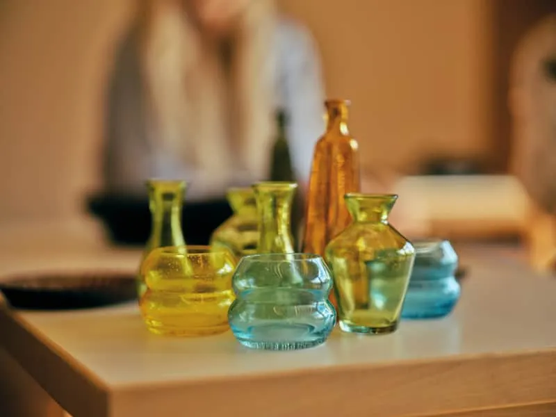 Colorful glass vases on display